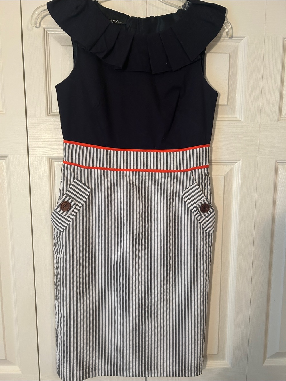 ALYX size 8 Navy Bodice Midi Dress with Seersucker Striped Skirt Nautical